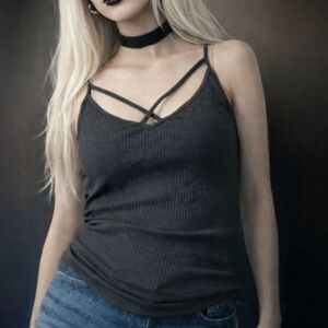 Vtg Y2K Hollister blk ribbed cut out strappy caged distressed fitted tank top M